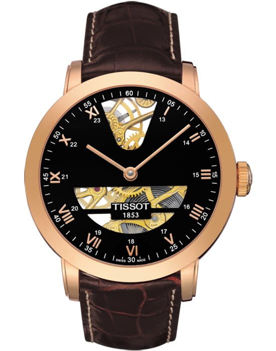 Tissot Tissot Sculpture Line Mechanical 18K Gold T71.8.471.53  T71847153 механические мужские часы черный циферблат, браслет кожаный — вид спереди